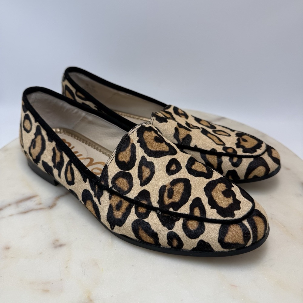 Sam Edelman Leon Loafers Sz 7 M Leopard Print Calf Hair Tan Gold Hardware Flats